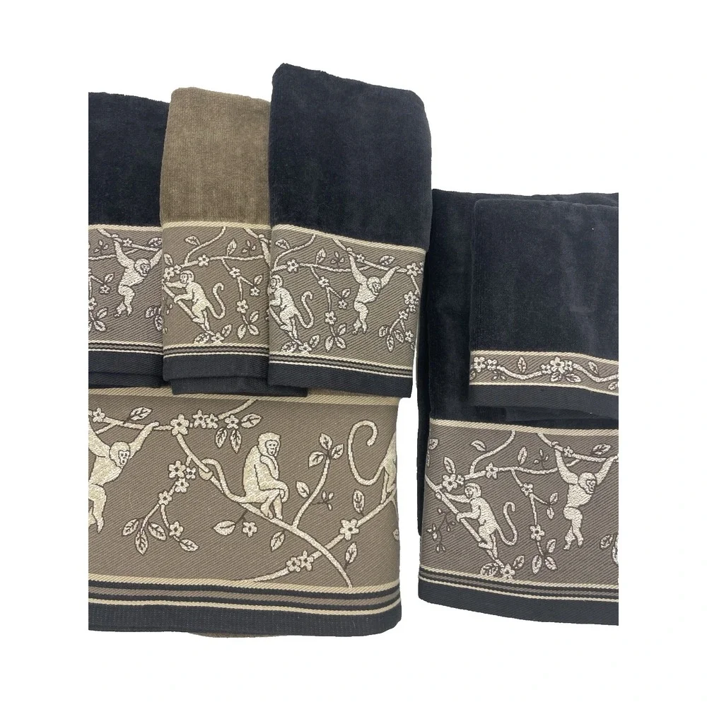 NOS Vintage Hampton Contessa‎ Manor Tapestry Monkeys Brown Towel Set of 6 NEW